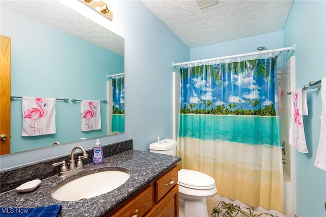 104 Joshua Dr, Rittman, OH 44270 - bathroom featuring toilet, vanity, a textured ceiling, shower / bath combo, and tile patterned floors