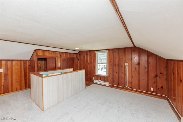 125 E 30th St, Lorain, OH 44055 - bonus room with a baseboard heating unit, wood walls, lofted ceiling, and light colored carpet