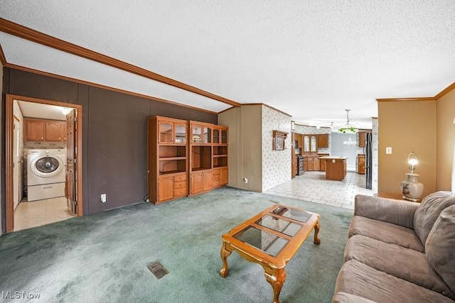 10597 State Route 82, Windham, OH 44288 - living room featuring washer / dryer, crown molding, a textured ceiling, and light colored carpet