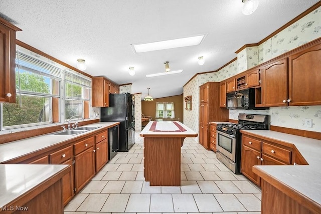 10597 State Route 82, Windham, OH 44288 - kitchen featuring wallpapered walls, black appliances, crown molding, a sink, and a skylight