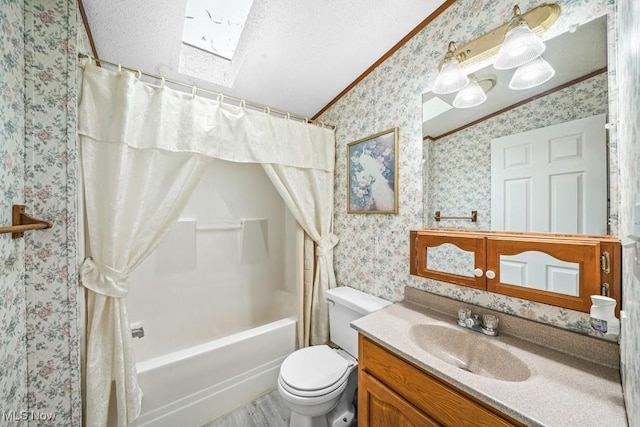 10597 State Route 82, Windham, OH 44288 - bathroom with wallpapered walls, ornamental molding, shower / bathtub combination with curtain, vanity, and toilet