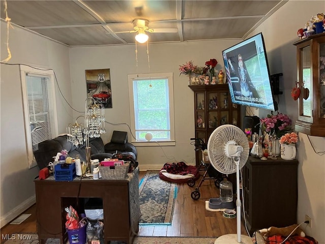 1293 W Jackson St, Painesville, OH 44077 - living room with hardwood / wood-style flooring, ceiling fan, and baseboards
