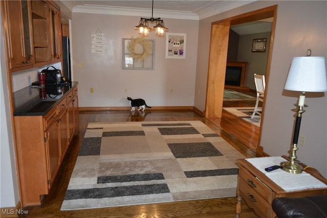 238 E Main St, New London, OH 44851 - kitchen featuring dark wood-style flooring, brown cabinetry, crown molding, baseboards, and a fireplace