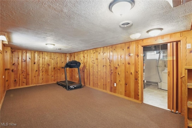 21031 Ball Ave, Euclid, OH 44123 - exercise area with washer / clothes dryer, a textured ceiling, wooden walls, and carpet flooring