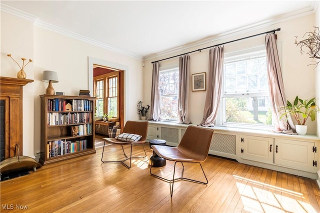 2671 Haddam Rd, Cleveland, OH 44120 - living area with ornamental molding, light wood-style floors, and a glass covered fireplace