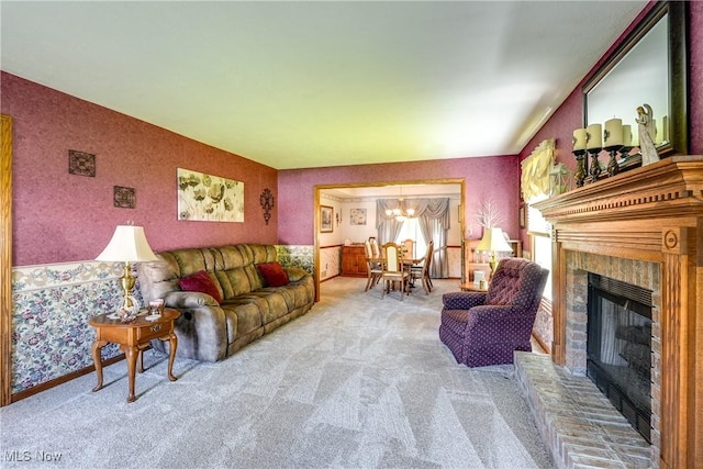 961 Prescot Ave NW, Massillon, OH 44646 - living area with a chandelier, carpet flooring, a fireplace, and wallpapered walls