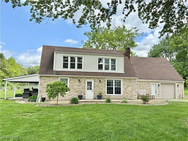 7509 S Palmyra Rd, Canfield, OH 44406 - view of front of house with a front lawn, an attached garage, brick siding, and a chimney
