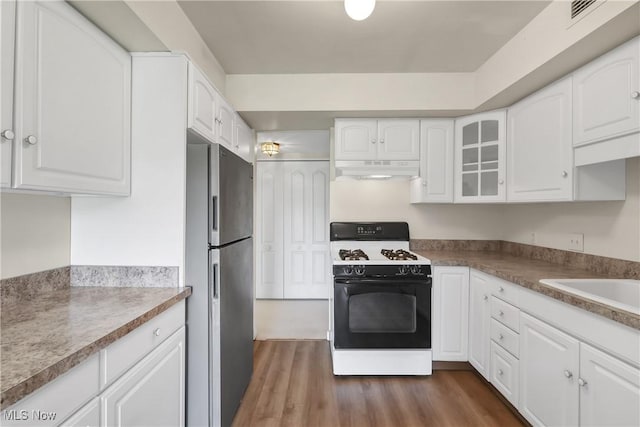 1145 Canyon View Rd Unit 206, Sagamore Hills, OH 44067 - kitchen featuring gas stove, freestanding refrigerator, under cabinet range hood, and white cabinetry