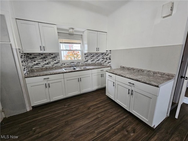 3891 W 21st St, Cleveland, OH 44109 - kitchen featuring a sink, dark wood-style flooring, white cabinets, and tasteful backsplash