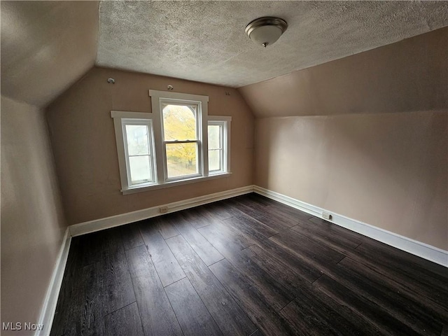 3891 W 21st St, Cleveland, OH 44109 - bonus room with baseboards, dark wood-type flooring, lofted ceiling, and a textured ceiling