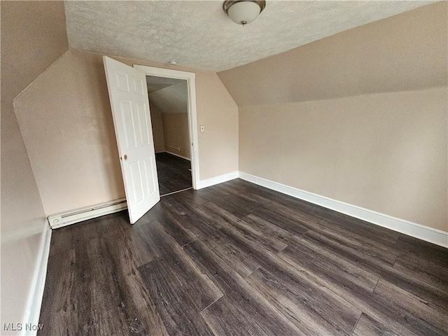 3891 W 21st St, Cleveland, OH 44109 - additional living space with baseboard heating, dark wood finished floors, a textured ceiling, lofted ceiling, and baseboards
