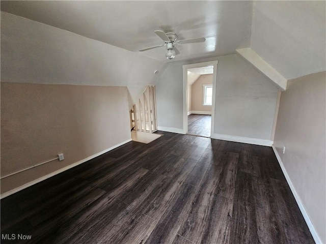 3891 W 21st St, Cleveland, OH 44109 - bonus room featuring a ceiling fan, dark wood-type flooring, lofted ceiling, and baseboards