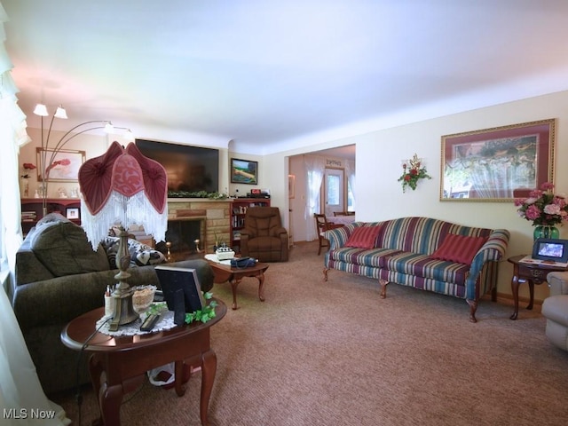 4628 Monticello Blvd, South Euclid, OH 44143 - living area with carpet and a stone fireplace
