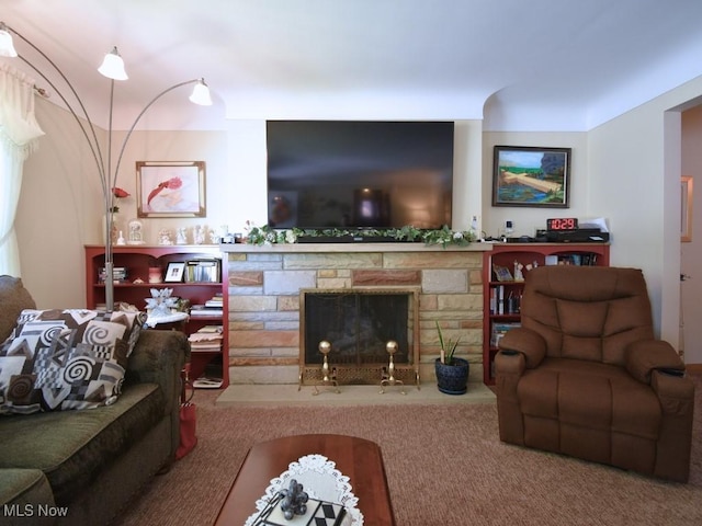 4628 Monticello Blvd, South Euclid, OH 44143 - living room with carpet floors and a stone fireplace
