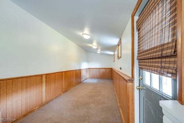 10311 Myers Rd, Kensington, OH 44427 - corridor featuring a wainscoted wall, light carpet, and wooden walls