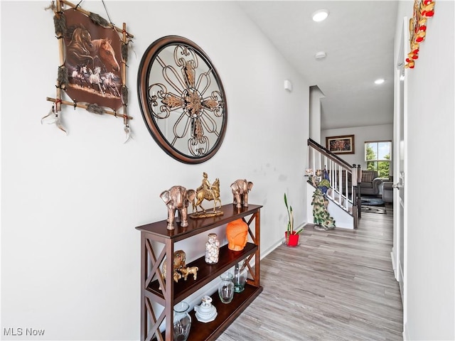 3243 Broadleaf Way, Brunswick, OH 44212 - hall with stairway, wood finished floors, baseboards, and recessed lighting