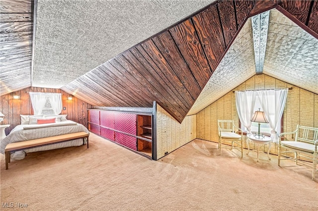 131 E 206th St, Euclid, OH 44123 - bedroom featuring vaulted ceiling, carpet flooring, and wooden walls