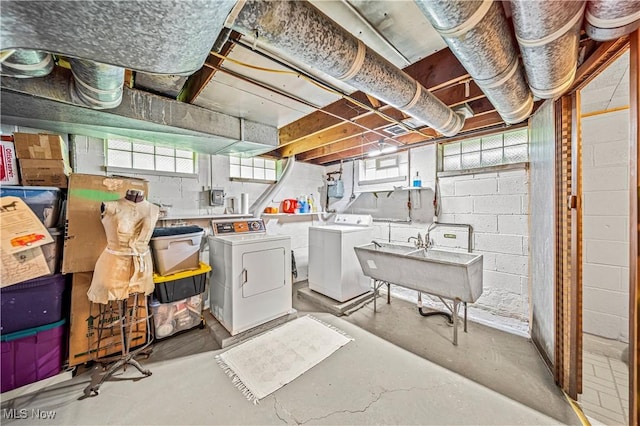 131 E 206th St, Euclid, OH 44123 - basement with washer and clothes dryer, a sink, and concrete block wall