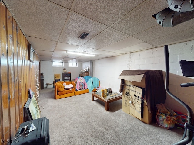 3882 Wallingford Rd, South Euclid, OH 44121 - interior space featuring carpet floors, concrete block wall, and a drop ceiling