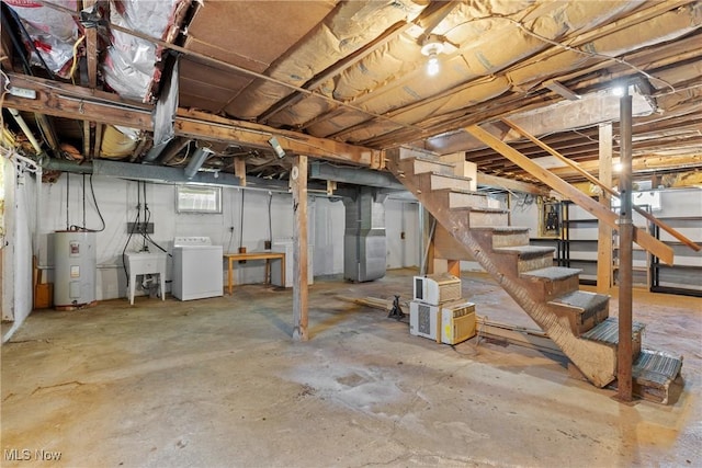 60620 Main St, Jacobsburg, OH 43933 - below grade area featuring washer / dryer, water heater, stairway, and heating unit