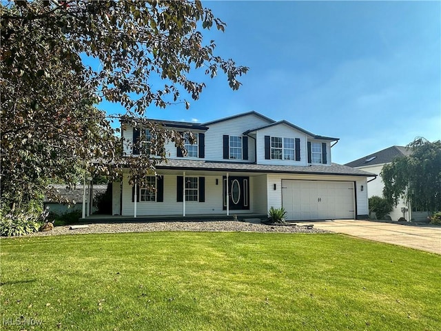 95 Cheyenne Dr, Girard, OH 44420 - view of front of house with driveway, a front yard, a porch, and a garage