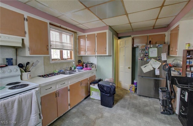 6927 N Wildacre Rd, Curtice, OH 43412 - kitchen with white electric range, freestanding refrigerator, range hood, a paneled ceiling, and light countertops