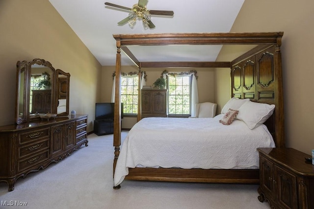 681 Tamarac Trl, Wadsworth, OH 44281 - bedroom featuring light colored carpet, vaulted ceiling, and ceiling fan