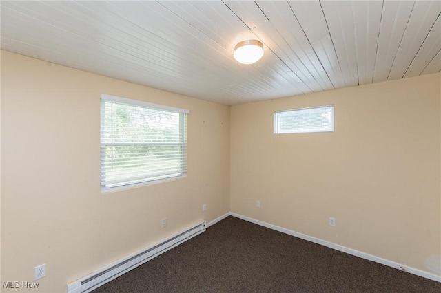 14245 Cedar Rd, South Euclid, OH 44121 - spare room featuring a baseboard radiator, plenty of natural light, dark colored carpet, baseboards, and wood ceiling
