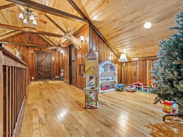 10664 W Little Kanawha Hwy, Mount Zion, WV 26151 - game room with wooden ceiling, wood walls, hardwood / wood-style flooring, and a ceiling fan