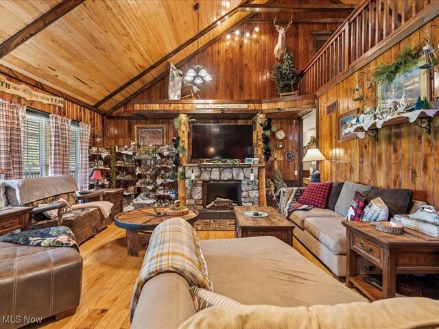 10664 W Little Kanawha Hwy, Mount Zion, WV 26151 - living area featuring wood walls, wooden ceiling, hardwood / wood-style flooring, high vaulted ceiling, and a stone fireplace