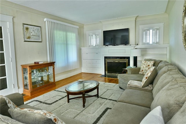 2816 E Market St, Warren, OH 44483 - living room with ornamental molding, wood finished floors, and a fireplace with flush hearth