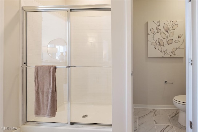 4367 Main St, Perry, OH 44081 - full bath with a stall shower, toilet, marble look tiles, and baseboards