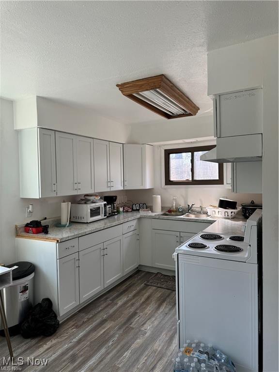 14240 Crk 410, Lot, Coshocton, OH 43812 - kitchen featuring white appliances, a sink, dark wood-style floors, a textured ceiling, and light countertops