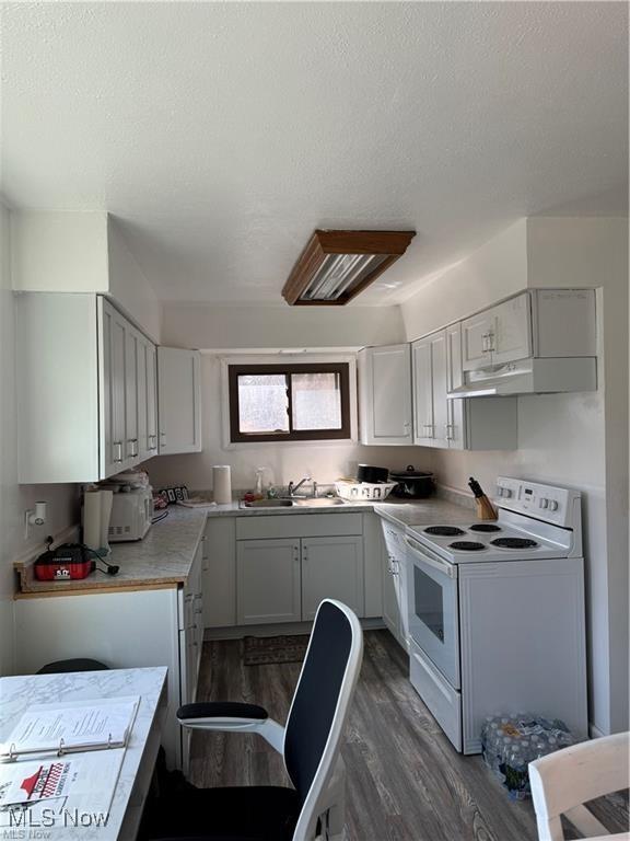 14240 Crk 410, Lot, Coshocton, OH 43812 - kitchen featuring white electric range oven, dark wood-type flooring, light countertops, a sink, and under cabinet range hood