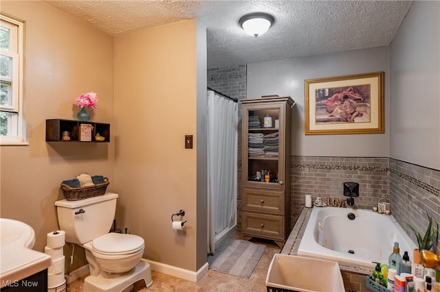 2993 Harris Hwy, Washington, WV 26181 - full bath featuring toilet, a shower stall, a textured ceiling, a tub with jets, and tile patterned flooring