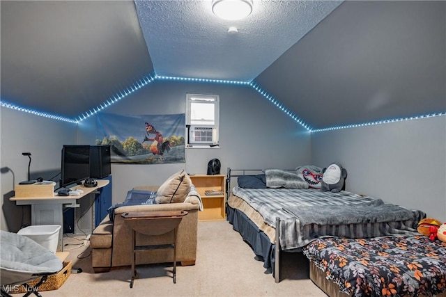 2993 Harris Hwy, Washington, WV 26181 - carpeted bedroom featuring cooling unit, vaulted ceiling, and a textured ceiling
