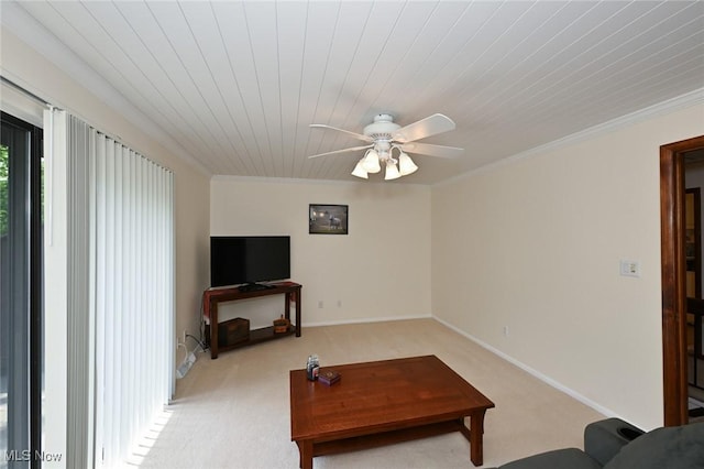 947 Trimble Pl, Sagamore Hills, OH 44067 - living area featuring a ceiling fan, light colored carpet, crown molding, and baseboards