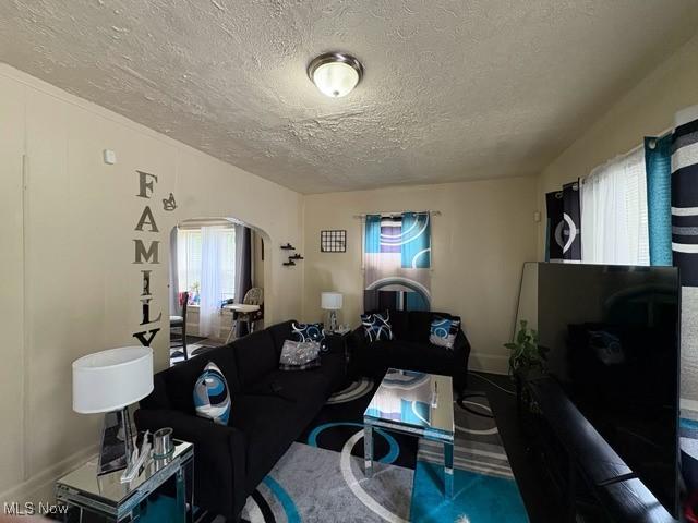 639 Bellevue Ave, Akron, OH 44307 - living area featuring arched walkways, a textured ceiling, and carpet floors