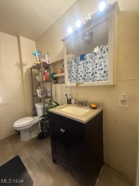 639 Bellevue Ave, Akron, OH 44307 - full bathroom with toilet, vanity, wood finished floors, and curtained shower