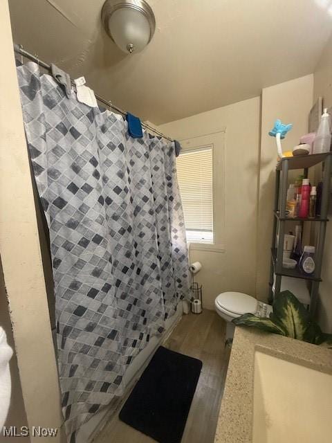 639 Bellevue Ave, Akron, OH 44307 - bathroom with wood finished floors, toilet, and a shower with curtain