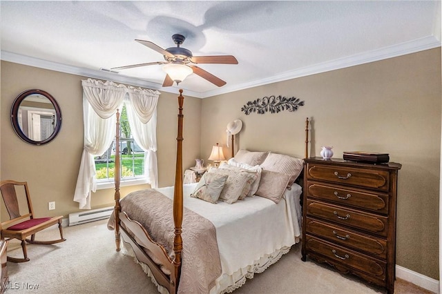 29 Amber Way, Norwalk, OH 44857 - bedroom with a baseboard heating unit, light colored carpet, ornamental molding, ceiling fan, and baseboards