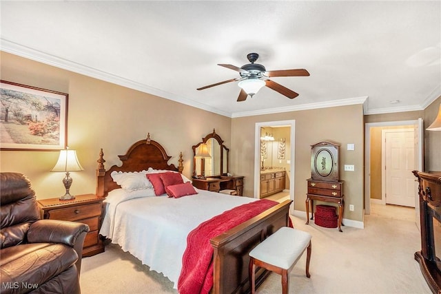 29 Amber Way, Norwalk, OH 44857 - bedroom featuring light colored carpet, crown molding, ensuite bath, baseboards, and a ceiling fan