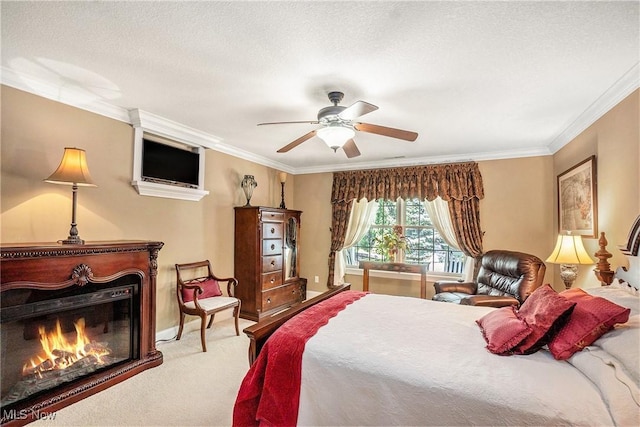 29 Amber Way, Norwalk, OH 44857 - bedroom with ornamental molding, carpet floors, a warm lit fireplace, a ceiling fan, and a textured ceiling