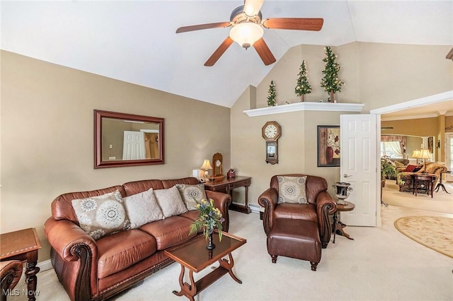 29 Amber Way, Norwalk, OH 44857 - living area featuring carpet flooring, ceiling fan, baseboards, and high vaulted ceiling