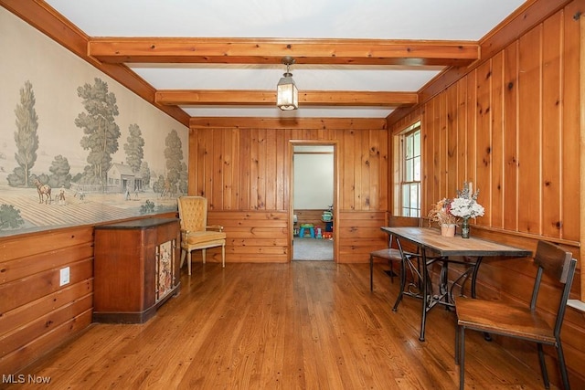 12014 Ridge Rd, North Royalton, OH 44133 - home office featuring beam ceiling, wood finished floors, and wooden walls