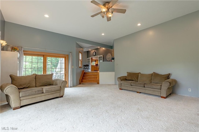 3796 Sweitzer St NW, Uniontown, OH 44685 - carpeted living area featuring a ceiling fan, recessed lighting, and stairs