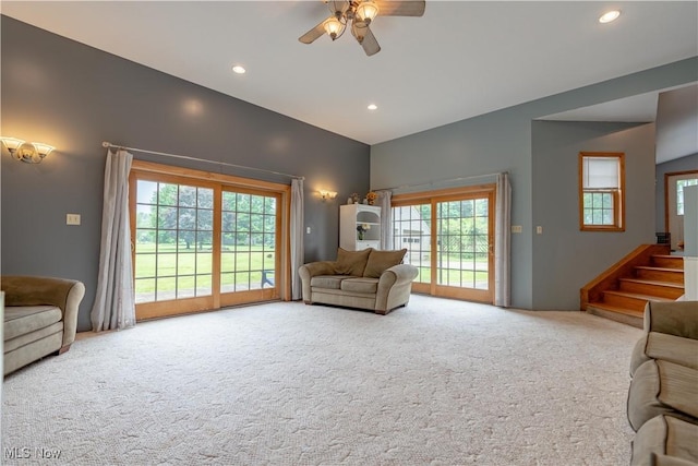 3796 Sweitzer St NW, Uniontown, OH 44685 - living room with healthy amount of natural light, ceiling fan, carpet flooring, and recessed lighting