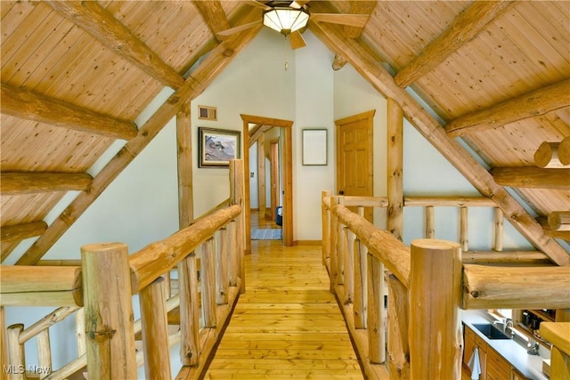 18102 Owen Rd, Middlefield, OH 44062 - corridor with an upstairs landing, wood ceiling, light wood-type flooring, and a sink