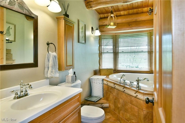 18102 Owen Rd, Middlefield, OH 44062 - full bath with a garden tub, toilet, vanity, and beam ceiling