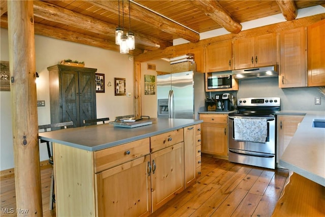 18102 Owen Rd, Middlefield, OH 44062 - kitchen featuring appliances with stainless steel finishes, under cabinet range hood, wooden ceiling with exposed beams, light wood-style floors, and hanging light fixtures